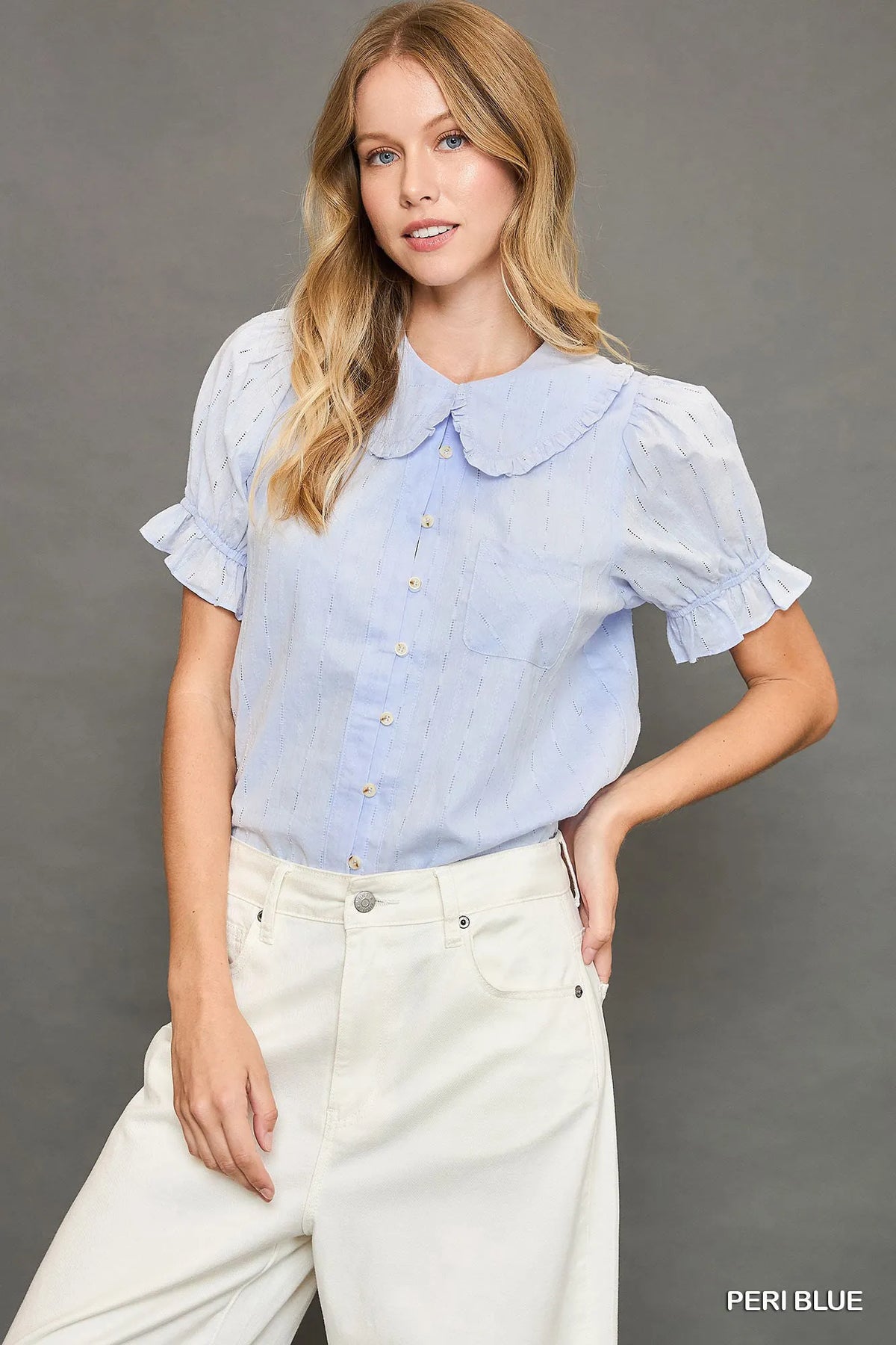 Peter Pan Collared Button Down Textured Blouse-Peter Pan collared button down textured blouse with ruffle detail. A feminine 100% cotton top that blends vintage charm with chic, versatile style.-Reef Love