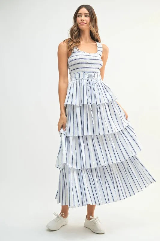 Pin Stripe Smocked Bodice Layered Midi Dress-The pin stripe smocked bodice layered midi dress combines classic pinstripes with a trendy smocked bodice for a stylish and flattering look. The tiered design adds volume -Reef Love Boho-Chic Boutique