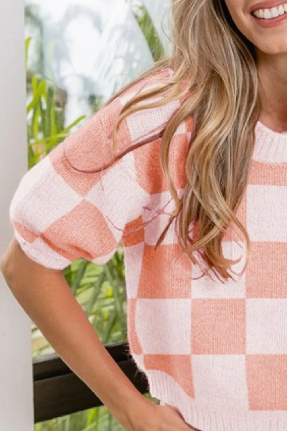 Pink Check Pattern Short Puff Sleeve Sweater Top-Knit Short Sleeve Sweater-Reef Love