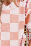 Pink Check Pattern Short Puff Sleeve Sweater Top-Knit Short Sleeve Sweater-Reef Love