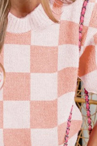 Pink Check Pattern Short Puff Sleeve Sweater Top-Knit Short Sleeve Sweater-Reef Love