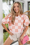 Pink Check Pattern Short Puff Sleeve Sweater Top-Knit Short Sleeve Sweater-Reef Love