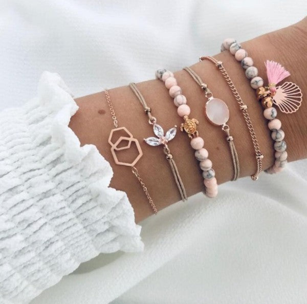 Pink Gold Shell Beaded Bracelet Set-Kate Tuesday Jewelry-Reef Love