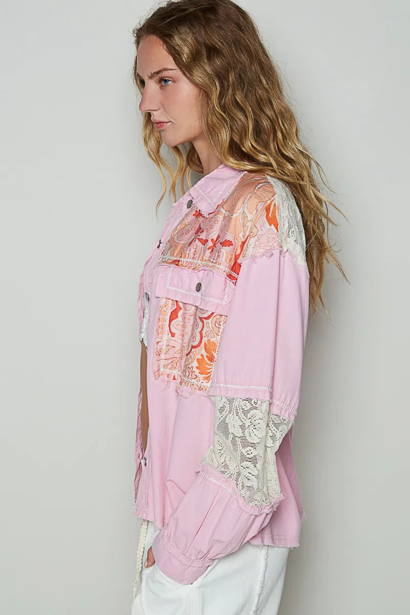 Pink Printed Woven Mix Raw Hem Jacket with Lace Detail-Jacket-Reef Love