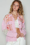 Pink Printed Woven Mix Raw Hem Jacket with Lace Detail-Jacket-Reef Love