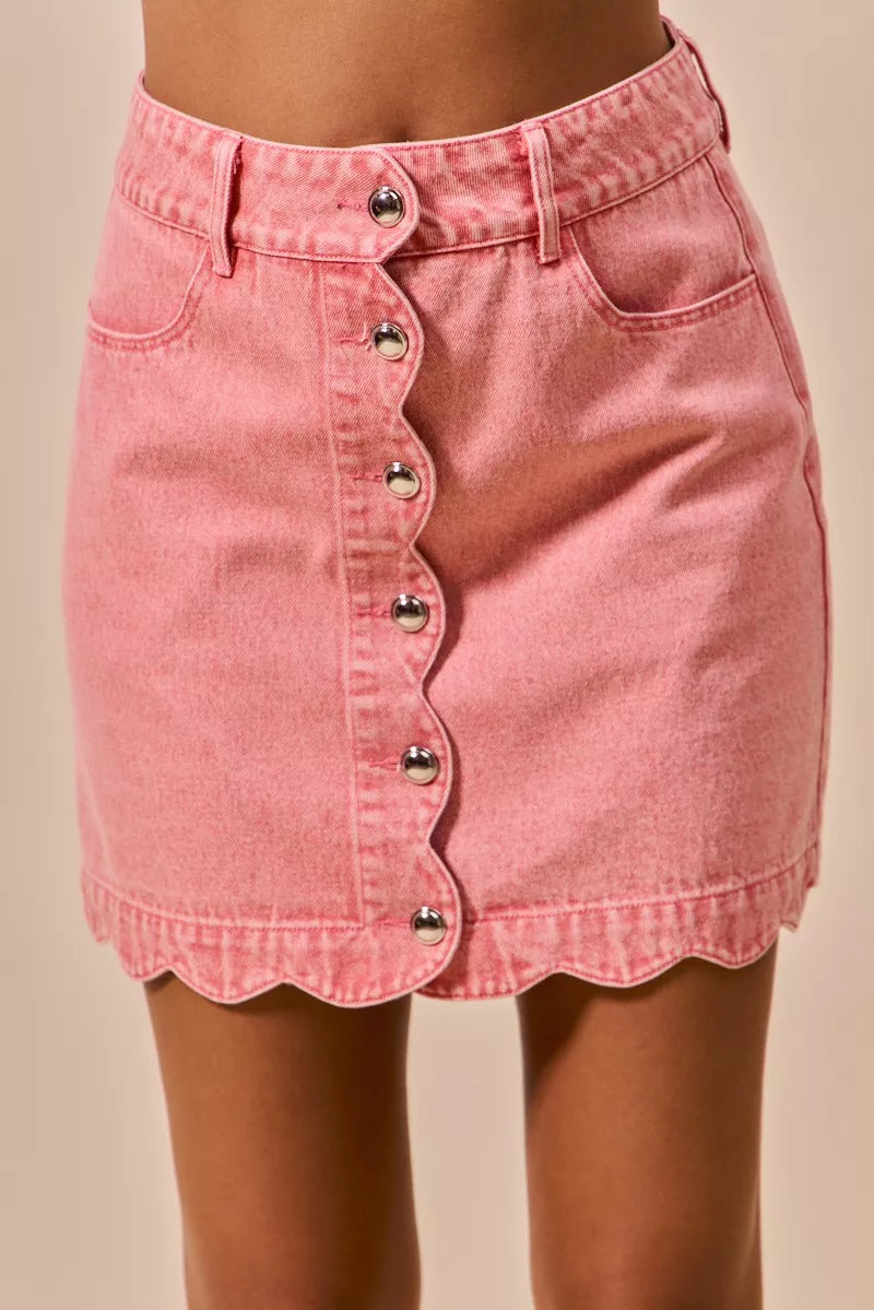 Pink Vintage Wash Scallop Edge Denim Mini Skirt- Boho Chic Styles by Reef Love