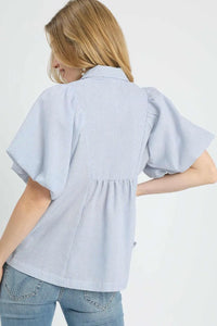 Pinstripe Smocked Puff Sleeve Blouse-blouse-Reef Love