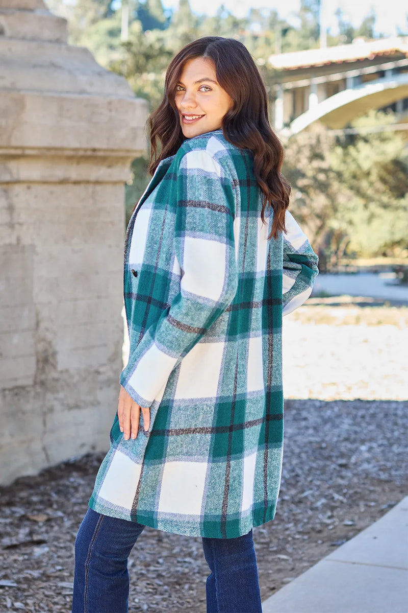 Plaid Button Up Lapel Collar Jacket-Plaid button-up jacket with lapel collar. A perfect season transitional coat, available in several colors for versatile layering. Standard and Plus Size.