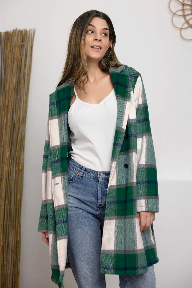 Plaid Button Up Lapel Collar Jacket-Plaid button-up jacket with lapel collar. A perfect season transitional coat, available in several colors for versatile layering. Standard and Plus Size.