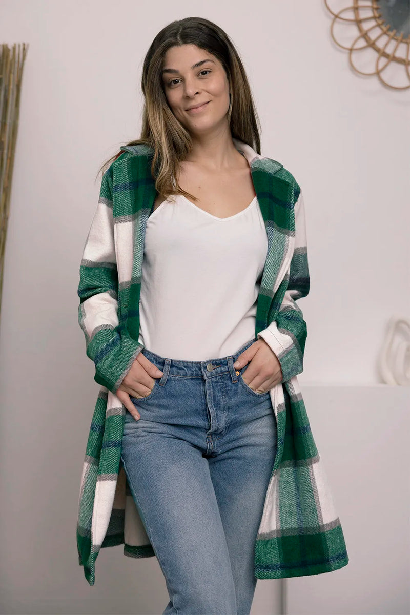 Plaid Button Up Lapel Collar Jacket-Plaid button-up jacket with lapel collar. A perfect season transitional coat, available in several colors for versatile layering. Standard and Plus Size.