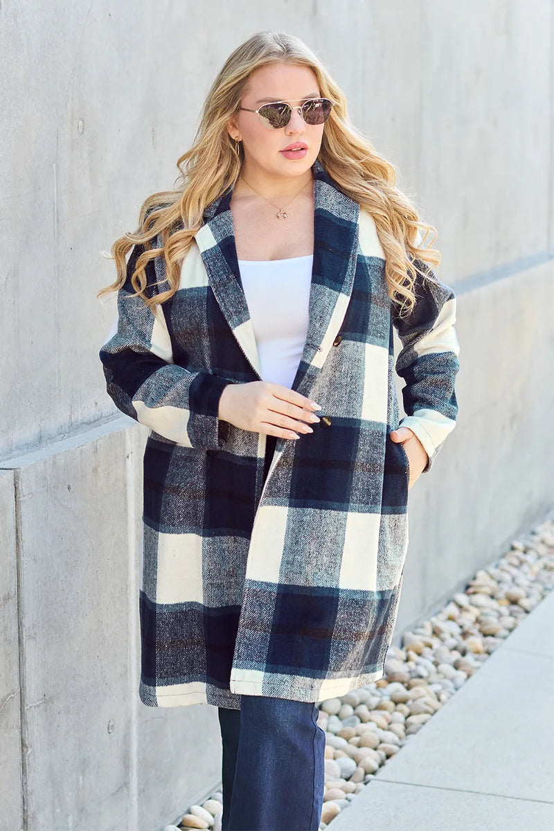 Plaid Button Up Lapel Collar Jacket-Plaid button-up jacket with lapel collar. A perfect season transitional coat, available in several colors for versatile layering. Standard and Plus Size.