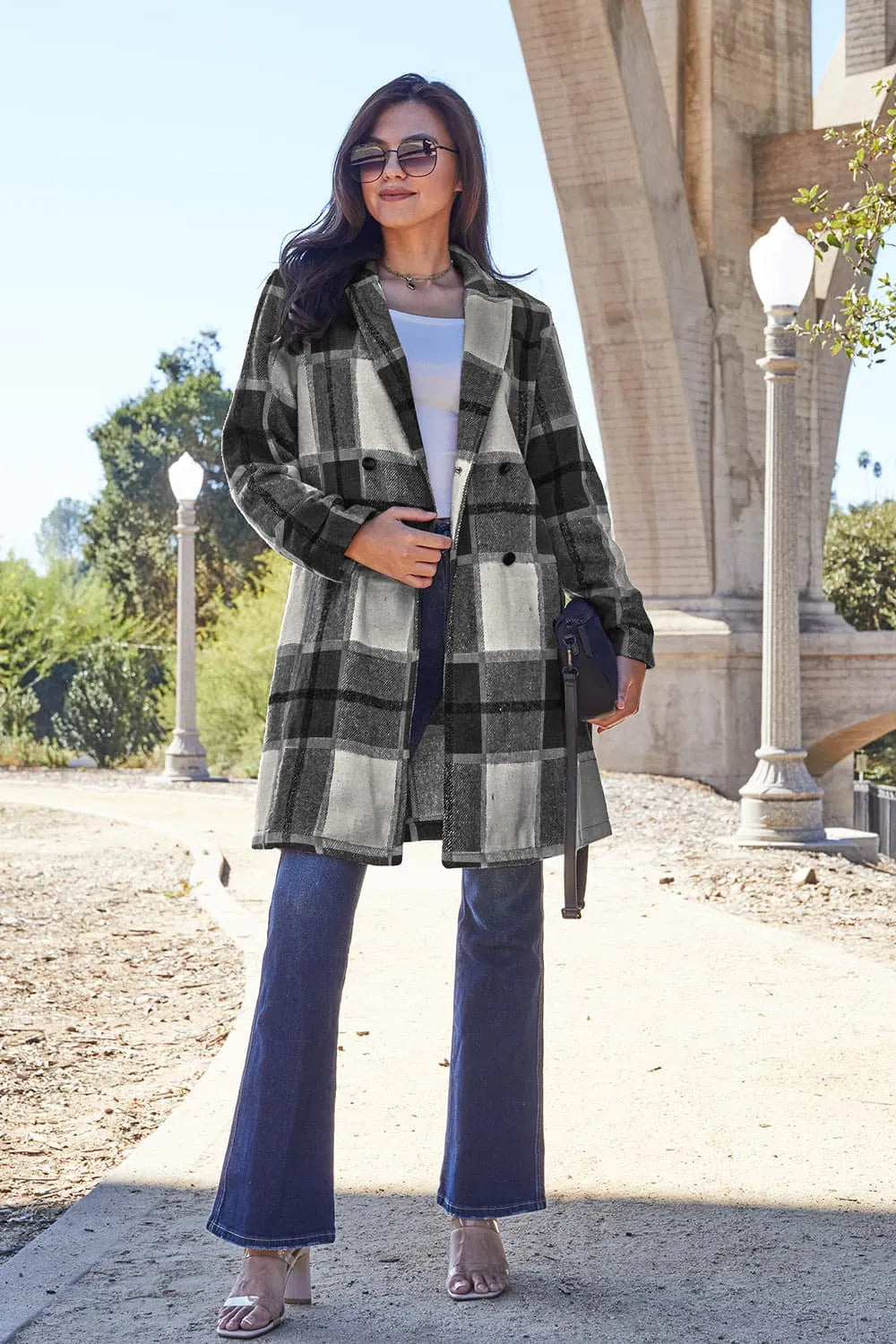 Plaid Button Up Lapel Collar Jacket-Plaid button-up jacket with lapel collar. A perfect season transitional coat, available in several colors for versatile layering. Standard and Plus Size.