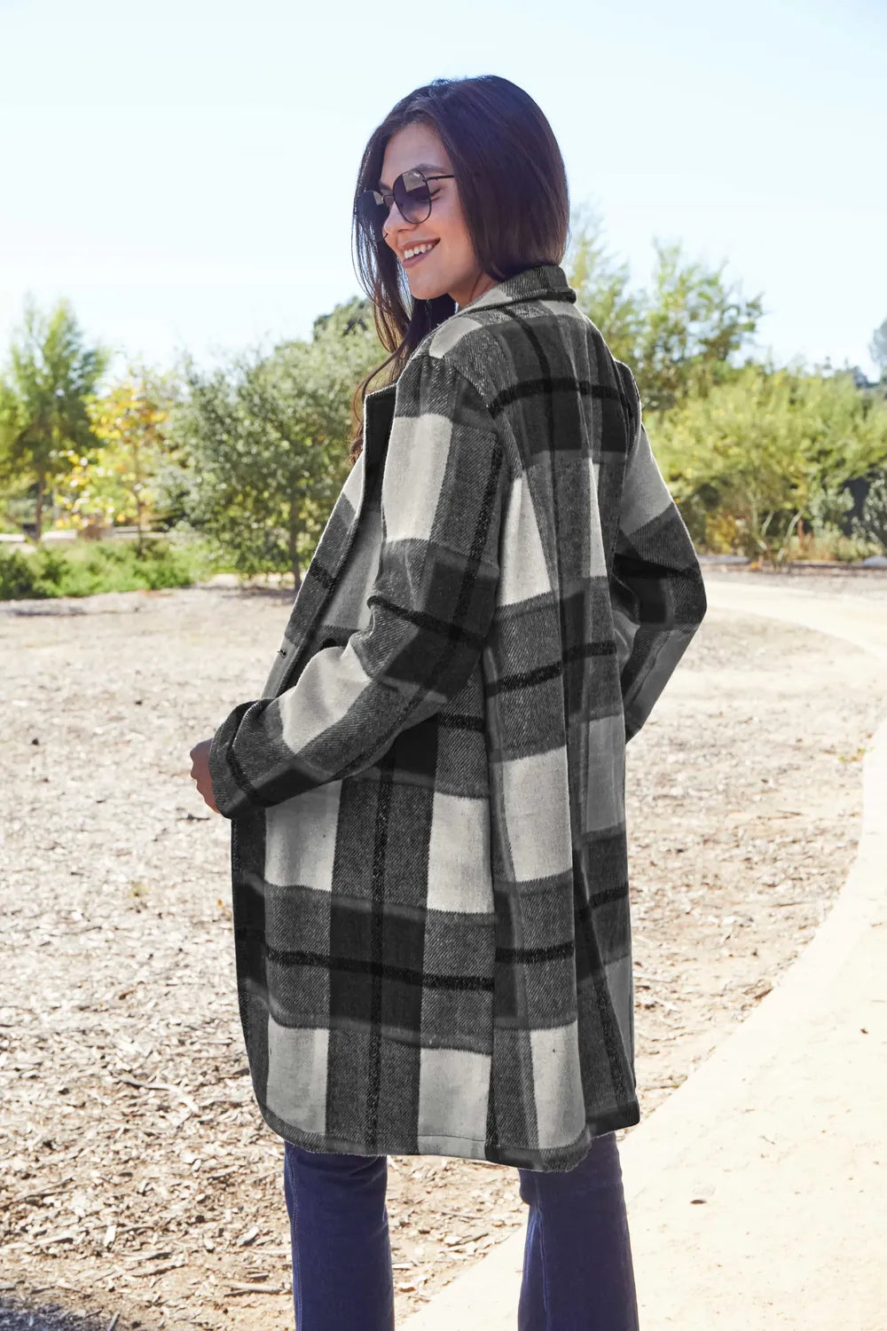 Plaid Button Up Lapel Collar Jacket-Plaid button-up jacket with lapel collar. A perfect season transitional coat, available in several colors for versatile layering. Standard and Plus Size.
