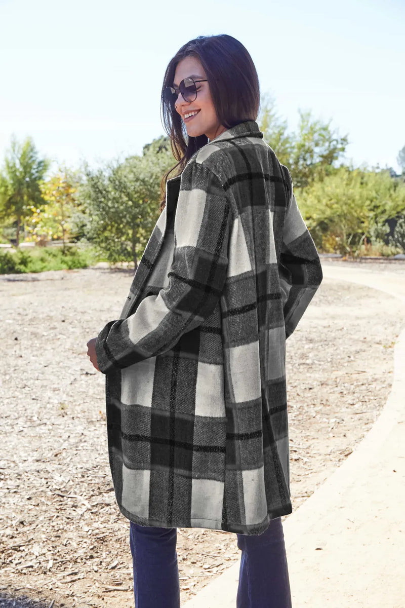 Plaid Button Up Lapel Collar Jacket-Plaid button-up jacket with lapel collar. A perfect season transitional coat, available in several colors for versatile layering. Standard and Plus Size.