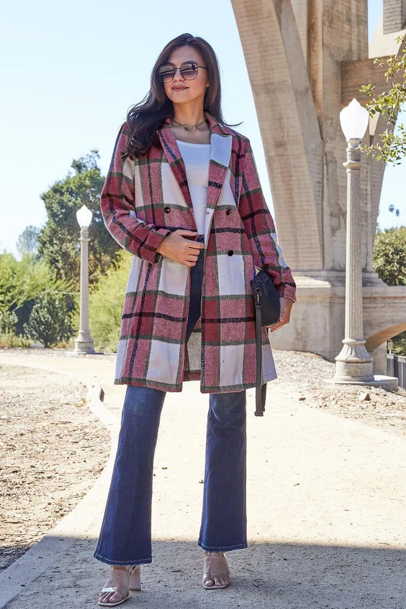 Plaid Button Up Lapel Collar Jacket-Plaid button-up jacket with lapel collar. A perfect season transitional coat, available in several colors for versatile layering. Standard and Plus Size.