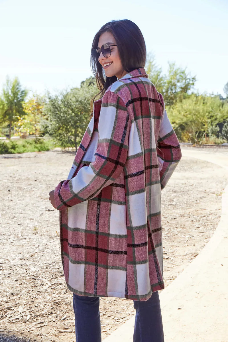 Plaid Button Up Lapel Collar Jacket-Plaid button-up jacket with lapel collar. A perfect season transitional coat, available in several colors for versatile layering. Standard and Plus Size.