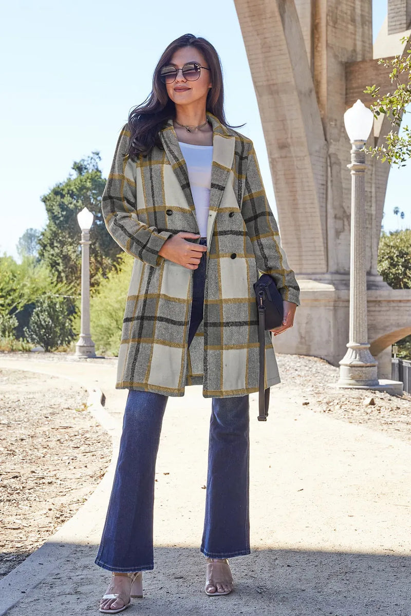 Plaid Button Up Lapel Collar Jacket-Plaid button-up jacket with lapel collar. A perfect season transitional coat, available in several colors for versatile layering. Standard and Plus Size.