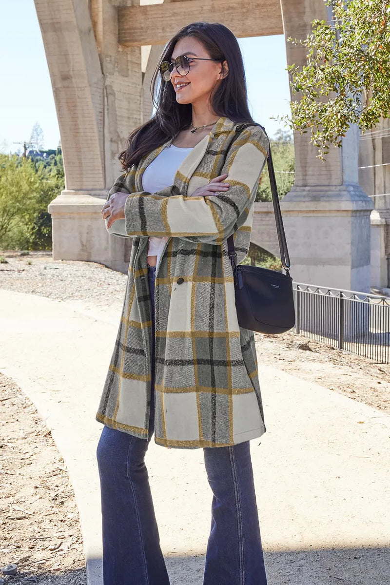 Plaid Button Up Lapel Collar Jacket-Plaid button-up jacket with lapel collar. A perfect season transitional coat, available in several colors for versatile layering. Standard and Plus Size.
