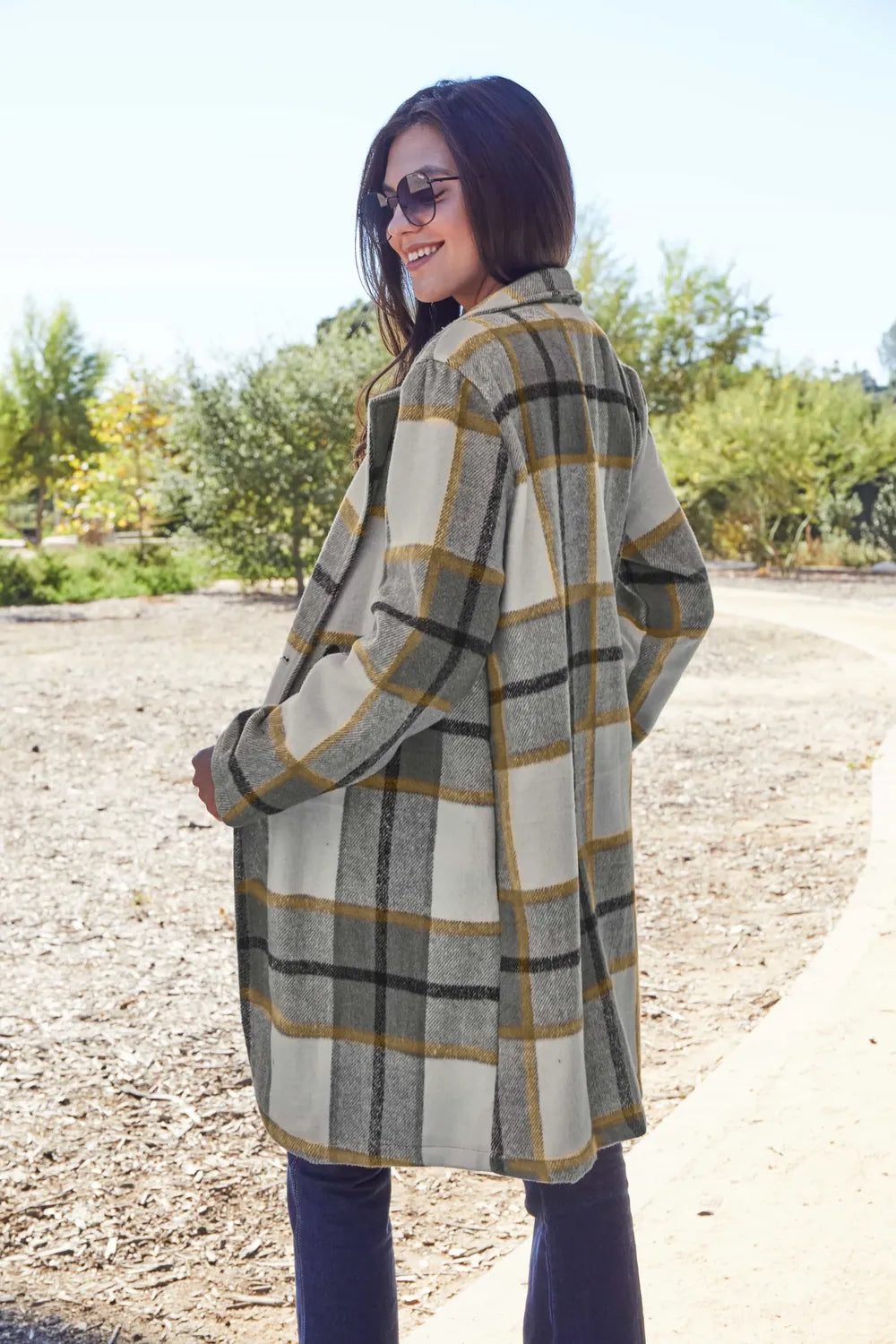 Plaid Button Up Lapel Collar Jacket-Plaid button-up jacket with lapel collar. A perfect season transitional coat, available in several colors for versatile layering. Standard and Plus Size.