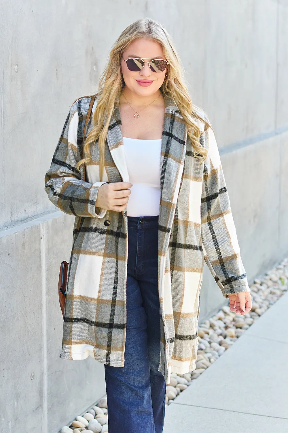 Plaid Button Up Lapel Collar Jacket-Plaid button-up jacket with lapel collar. A perfect season transitional coat, available in several colors for versatile layering. Standard and Plus Size.