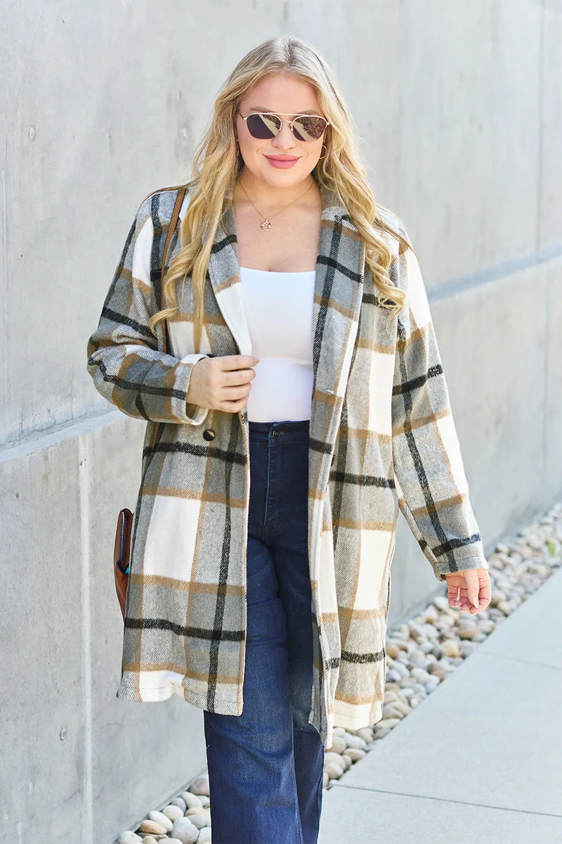 Plaid Button Up Lapel Collar Jacket-Plaid button-up jacket with lapel collar. A perfect season transitional coat, available in several colors for versatile layering. Standard and Plus Size.