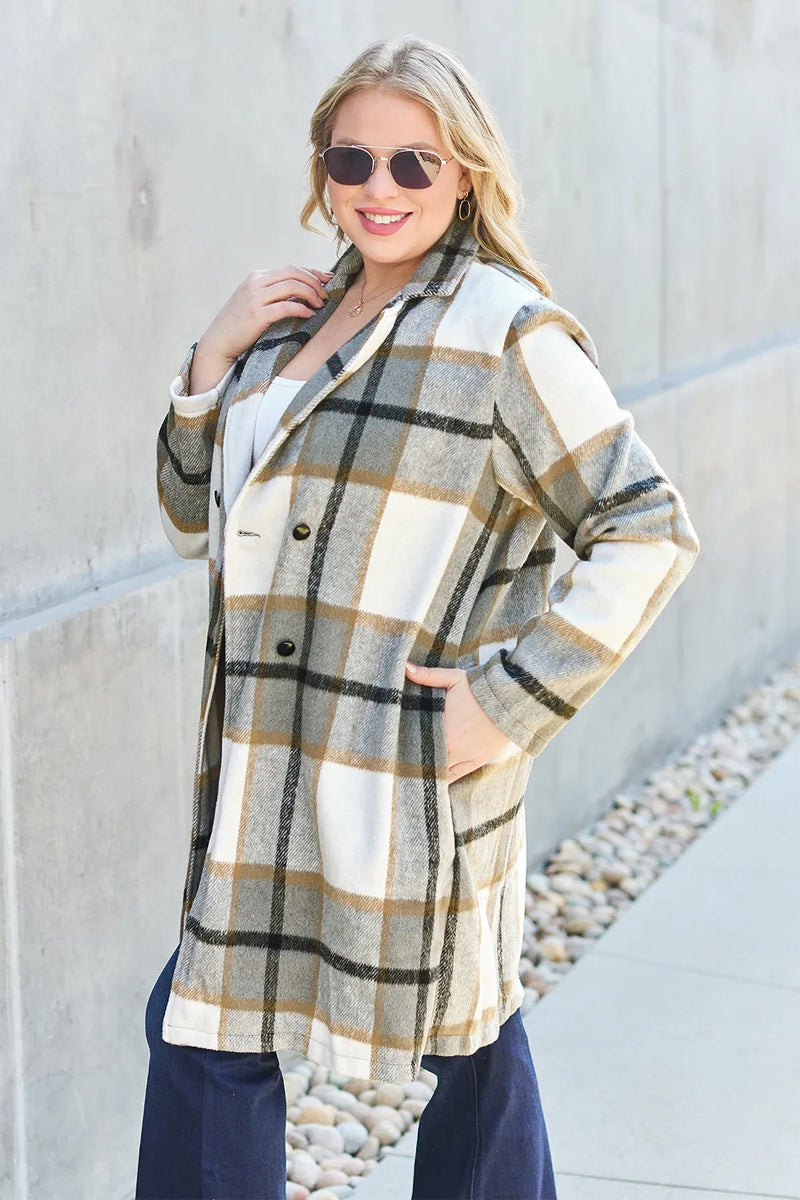 Plaid Button Up Lapel Collar Jacket-Plaid button-up jacket with lapel collar. A perfect season transitional coat, available in several colors for versatile layering. Standard and Plus Size.