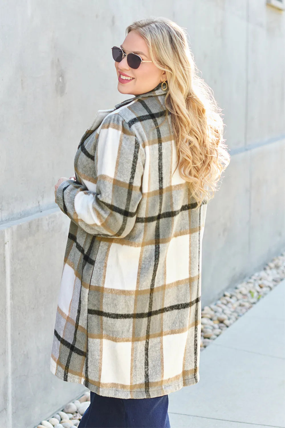 Plaid Button Up Lapel Collar Jacket-Plaid button-up jacket with lapel collar. A perfect season transitional coat, available in several colors for versatile layering. Standard and Plus Size.