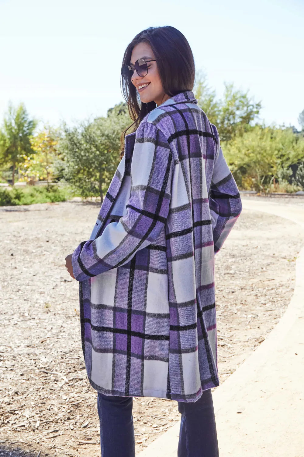 Plaid Button Up Lapel Collar Jacket-Plaid button-up jacket with lapel collar. A perfect season transitional coat, available in several colors for versatile layering. Standard and Plus Size.