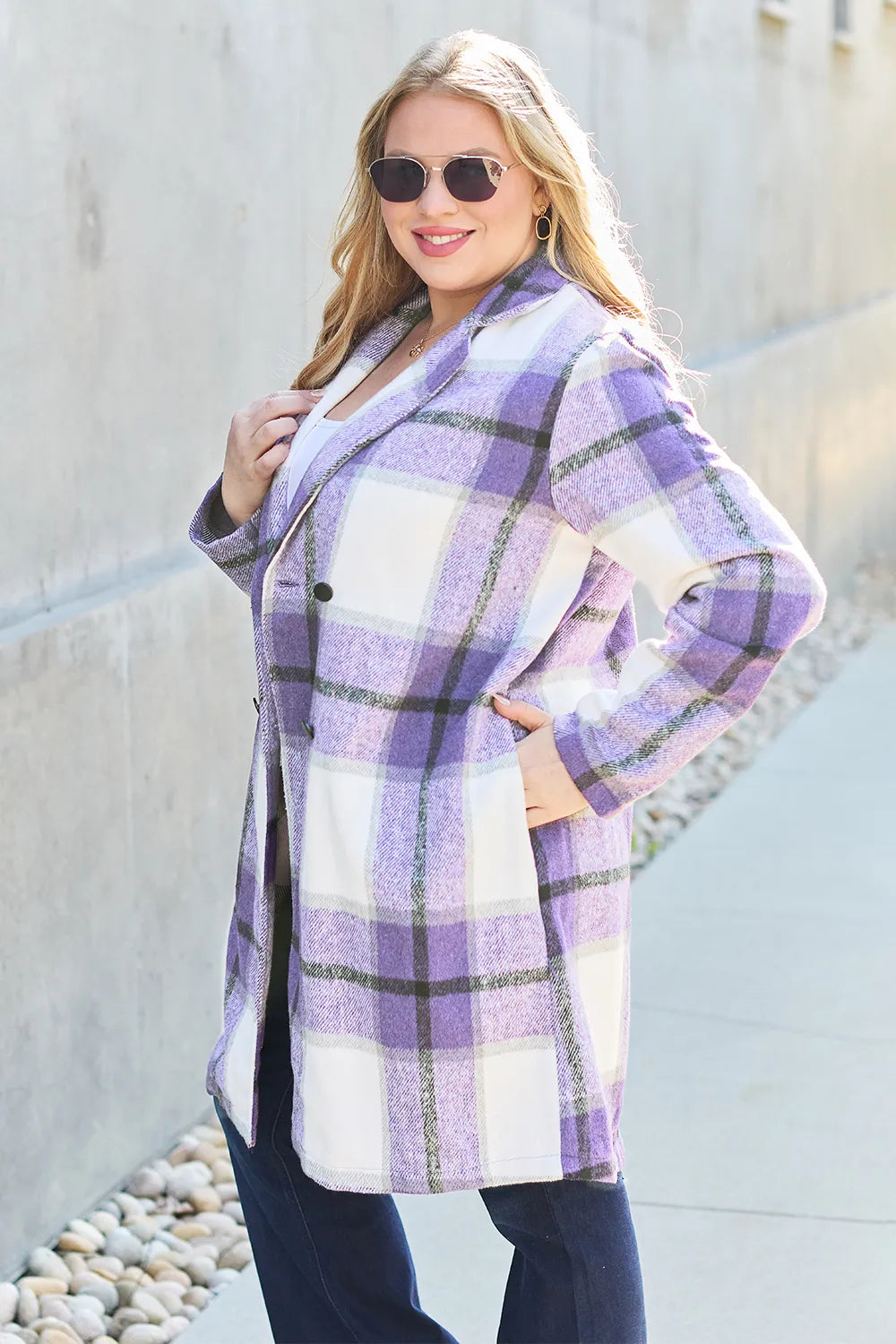 Plaid Button Up Lapel Collar Jacket-Plaid button-up jacket with lapel collar. A perfect season transitional coat, available in several colors for versatile layering. Standard and Plus Size.