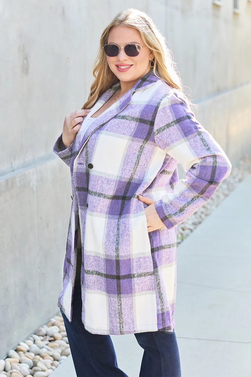 Plaid Button Up Lapel Collar Jacket-Plaid button-up jacket with lapel collar. A perfect season transitional coat, available in several colors for versatile layering. Standard and Plus Size.