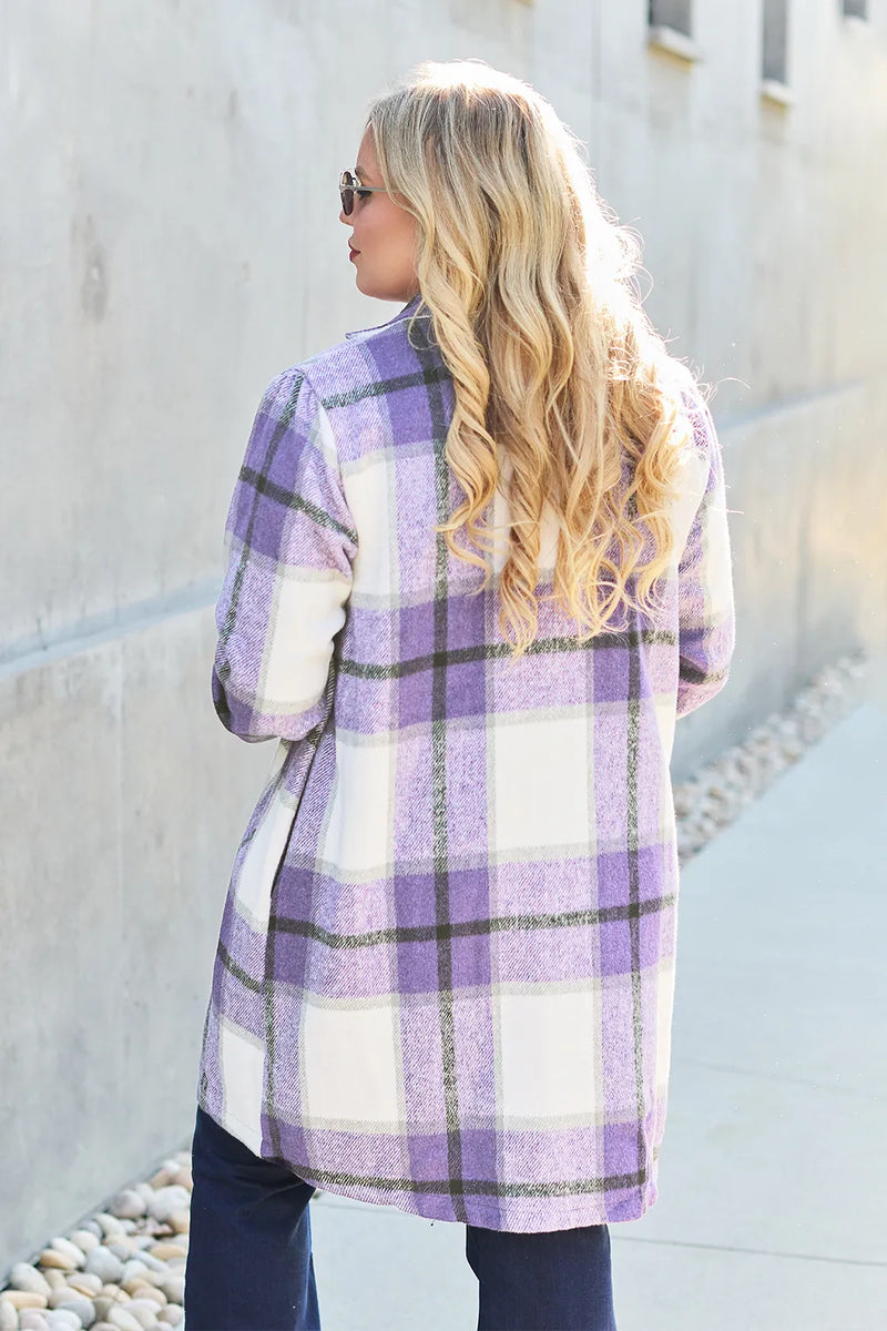Plaid Button Up Lapel Collar Jacket-Plaid button-up jacket with lapel collar. A perfect season transitional coat, available in several colors for versatile layering. Standard and Plus Size.