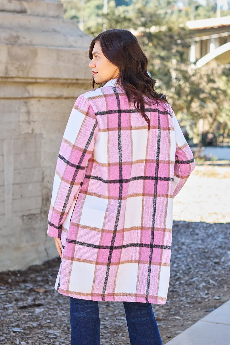 Plaid Button Up Lapel Collar Jacket-Plaid button-up jacket with lapel collar. A perfect season transitional coat, available in several colors for versatile layering. Standard and Plus Size.