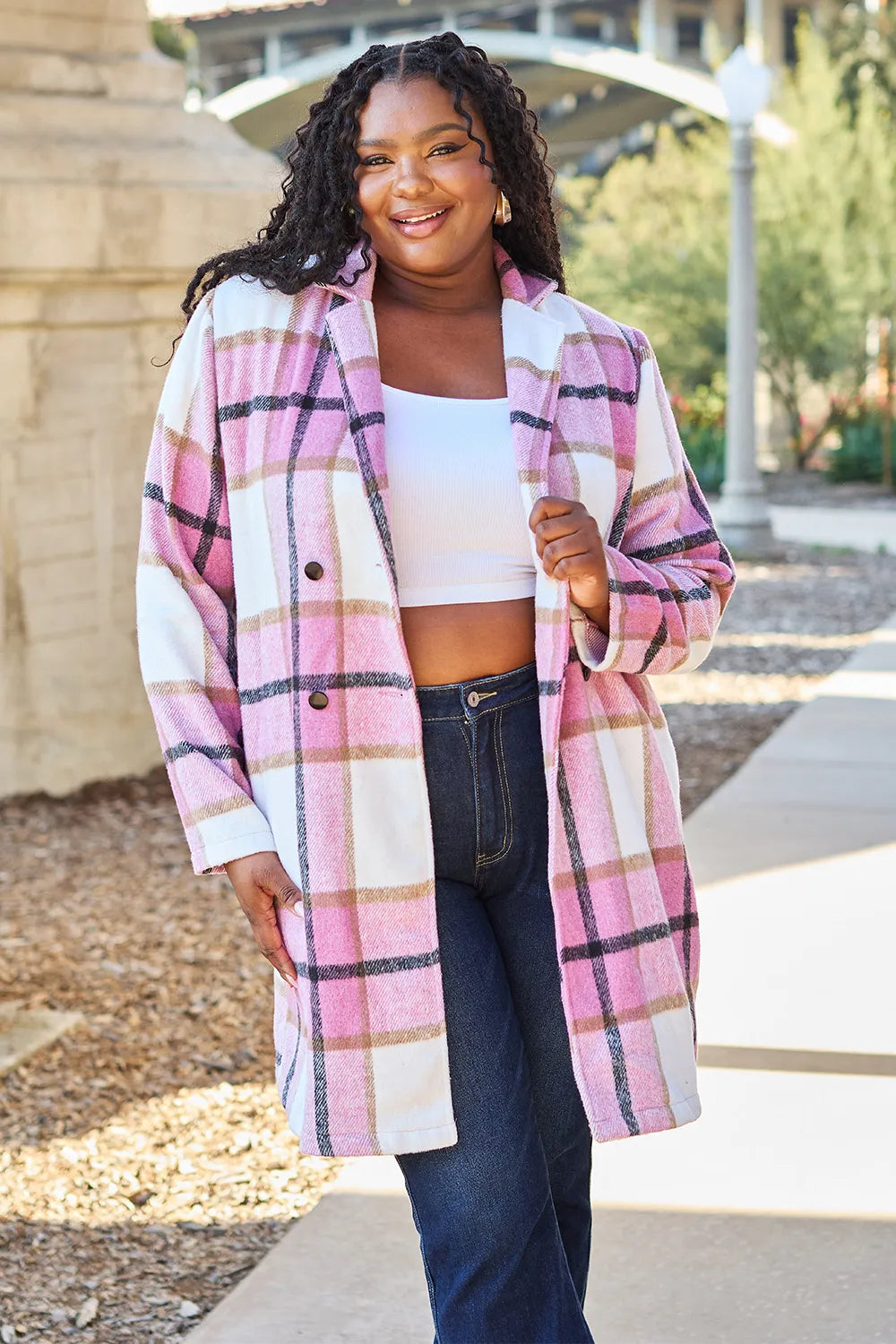 Plaid Button Up Lapel Collar Jacket-Plaid button-up jacket with lapel collar. A perfect season transitional coat, available in several colors for versatile layering. Standard and Plus Size.