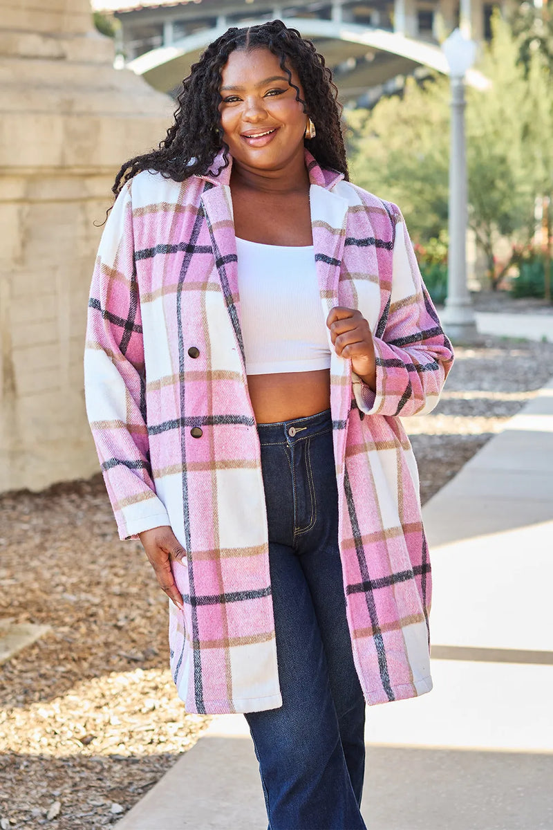 Plaid Button Up Lapel Collar Jacket-Plaid button-up jacket with lapel collar. A perfect season transitional coat, available in several colors for versatile layering. Standard and Plus Size.