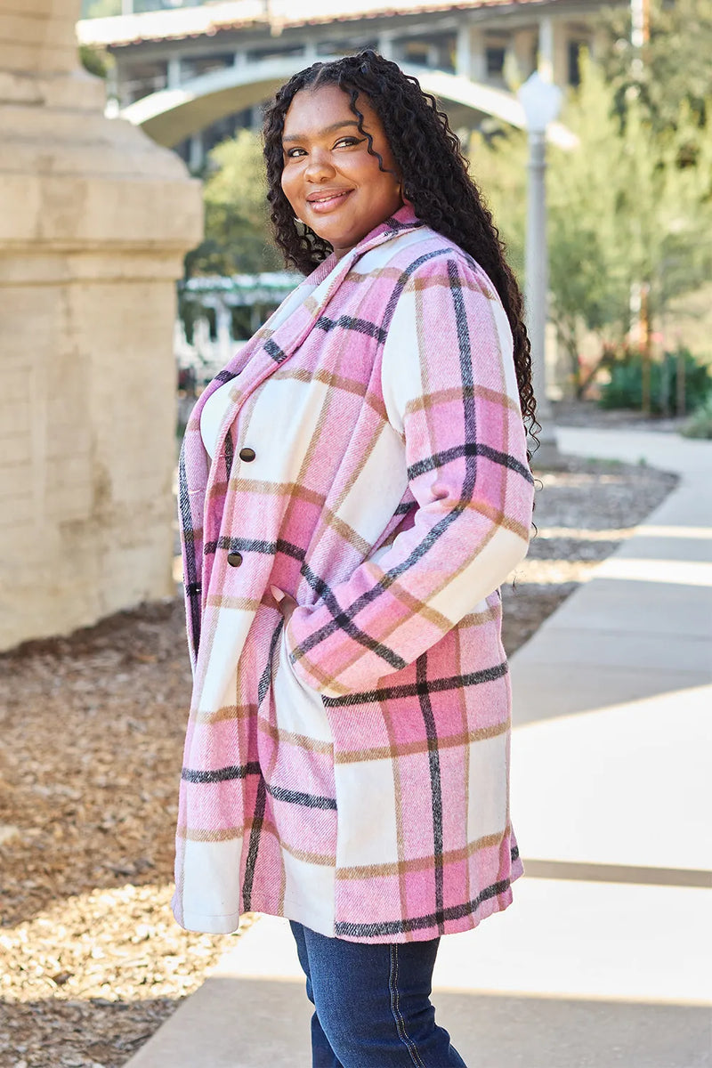 Plaid Button Up Lapel Collar Jacket-Plaid button-up jacket with lapel collar. A perfect season transitional coat, available in several colors for versatile layering. Standard and Plus Size.