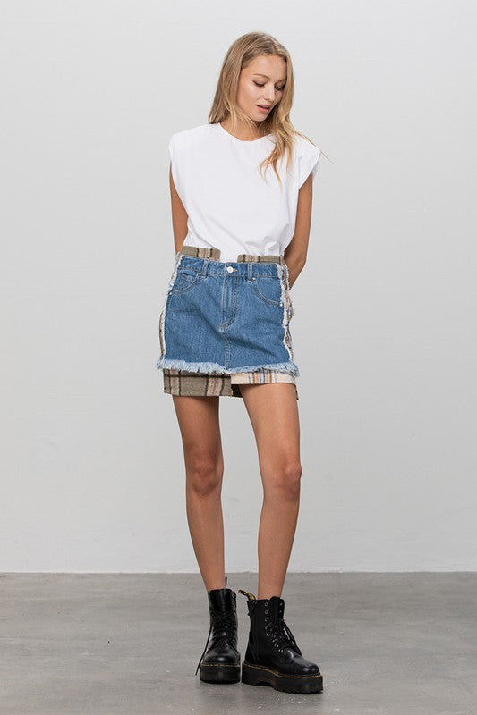 Plaid Checker Denim Mini Skirt-Denim Mini Skirt-Insane Gene-Reef Love