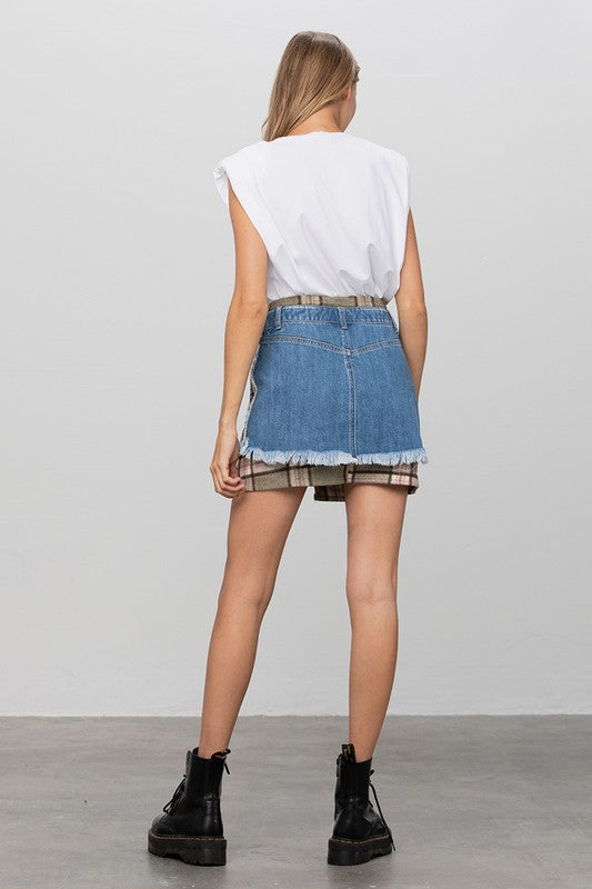 Plaid Checker Denim Mini Skirt-Denim Mini Skirt-Insane Gene-Reef Love