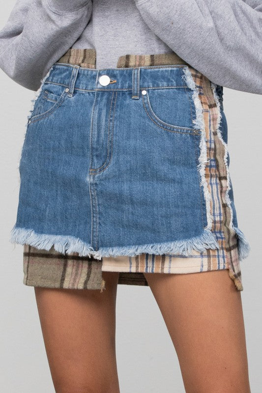 Plaid Checker Denim Mini Skirt-Denim Mini Skirt-Insane Gene-Reef Love