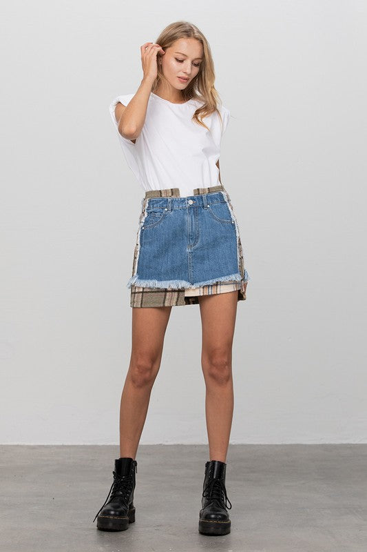 Plaid Checker Denim Mini Skirt-Denim Mini Skirt-Insane Gene-Reef Love
