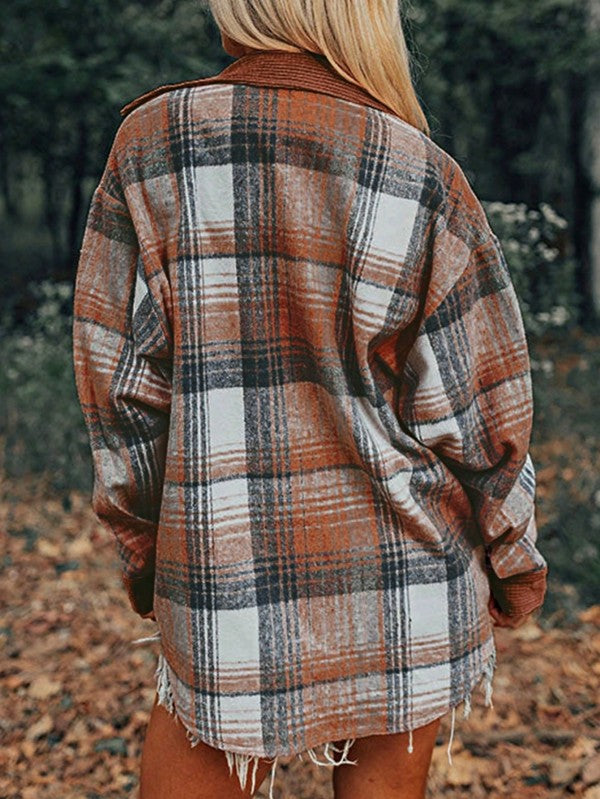 Plaid Corduroy Patchwork Oversized Shacket-Effortlessly chic plaid corduroy patchwork oversized shacket in cinnamon or pink with blue plaid accents. A boho layering essential for women’s fall style.-Reef Love