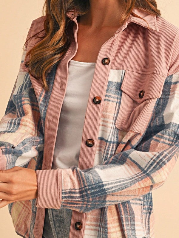 Plaid Corduroy Patchwork Oversized Shacket-Effortlessly chic plaid corduroy patchwork oversized shacket in cinnamon or pink with blue plaid accents. A boho layering essential for women’s fall style.-Reef Love