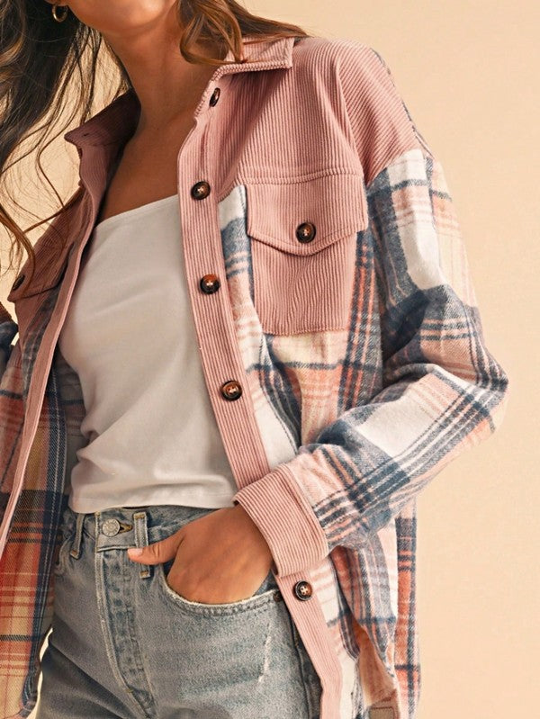 Plaid Corduroy Patchwork Oversized Shacket-Effortlessly chic plaid corduroy patchwork oversized shacket in cinnamon or pink with blue plaid accents. A boho layering essential for women’s fall style.-Reef Love