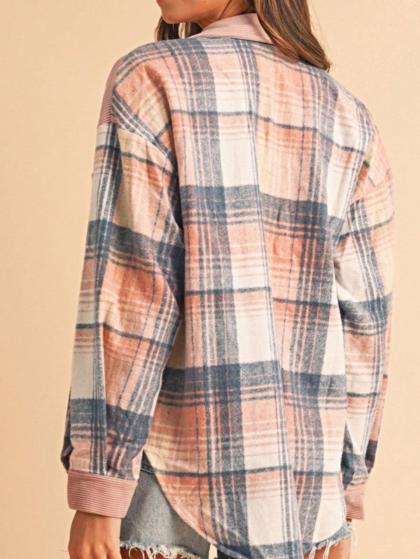 Plaid Corduroy Patchwork Oversized Shacket-Effortlessly chic plaid corduroy patchwork oversized shacket in cinnamon or pink with blue plaid accents. A boho layering essential for women’s fall style.-Reef Love