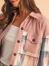 Plaid Corduroy Patchwork Oversized Shacket-Effortlessly chic plaid corduroy patchwork oversized shacket in cinnamon or pink with blue plaid accents. A boho layering essential for women’s fall style.-Reef Love