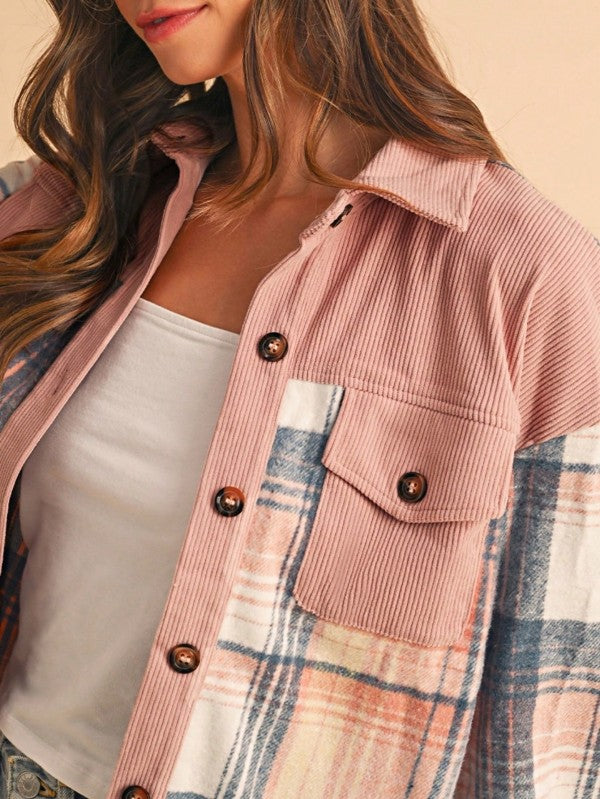 Plaid Corduroy Patchwork Oversized Shacket-Effortlessly chic plaid corduroy patchwork oversized shacket in cinnamon or pink with blue plaid accents. A boho layering essential for women’s fall style.-Reef Love