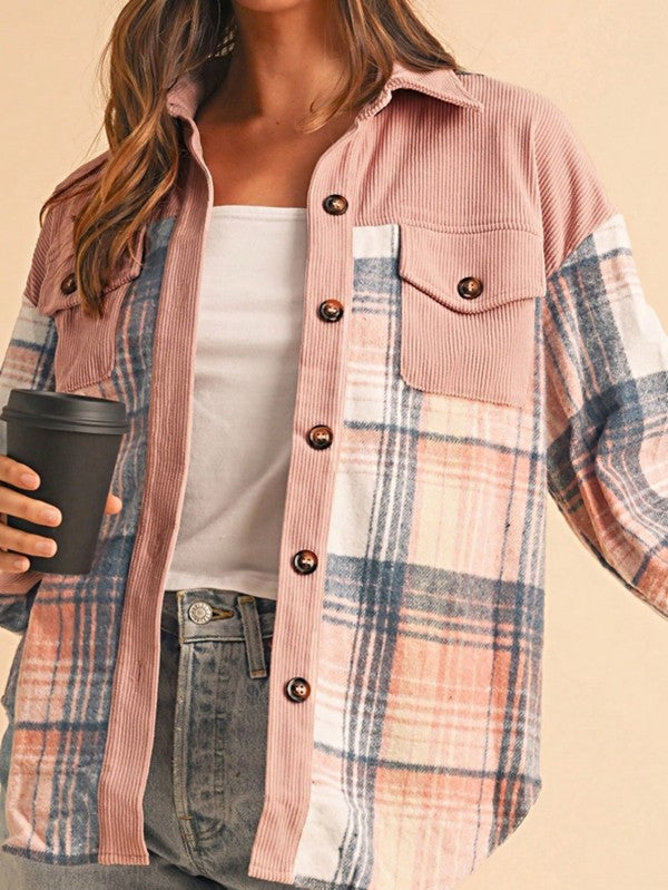 Plaid Corduroy Patchwork Oversized Shacket-Effortlessly chic plaid corduroy patchwork oversized shacket in cinnamon or pink with blue plaid accents. A boho layering essential for women’s fall style.-Reef Love