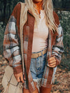 Effortlessly chic plaid corduroy patchwork oversized shacket in cinnamon or pink with blue plaid accents. 