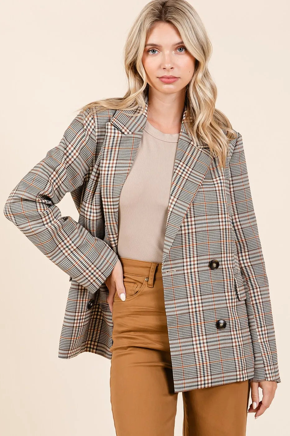 Plaid Double Breasted Relaxed Fit Blazer-Reef Love