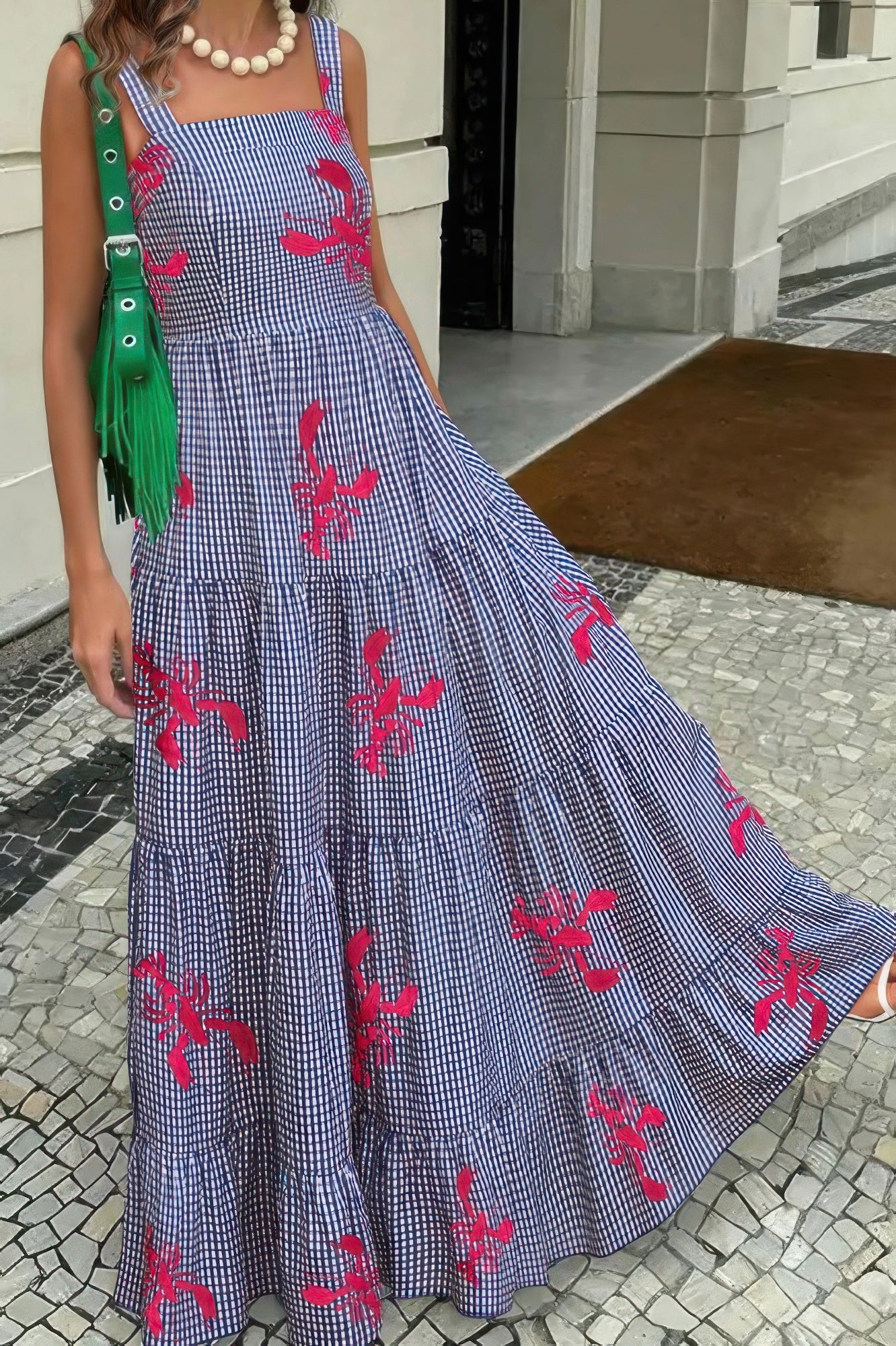 Plaid Lobster Print A-Line Maxi Dress