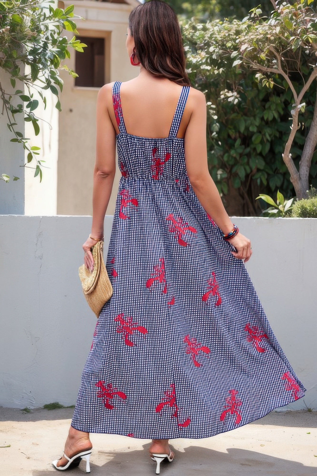Plaid Lobster Print A-Line Maxi Dress